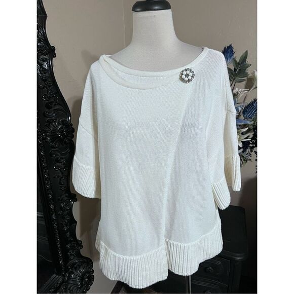 Magaschoni White Short Sleeve Sweater with Brooch Size XL - Picture 1 of 4